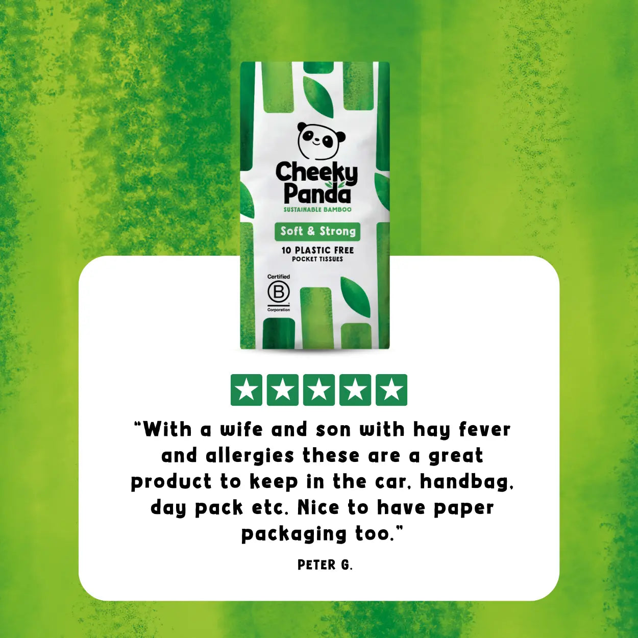 Cheeky Panda tissue packaging with a green background and five-star customer review text.