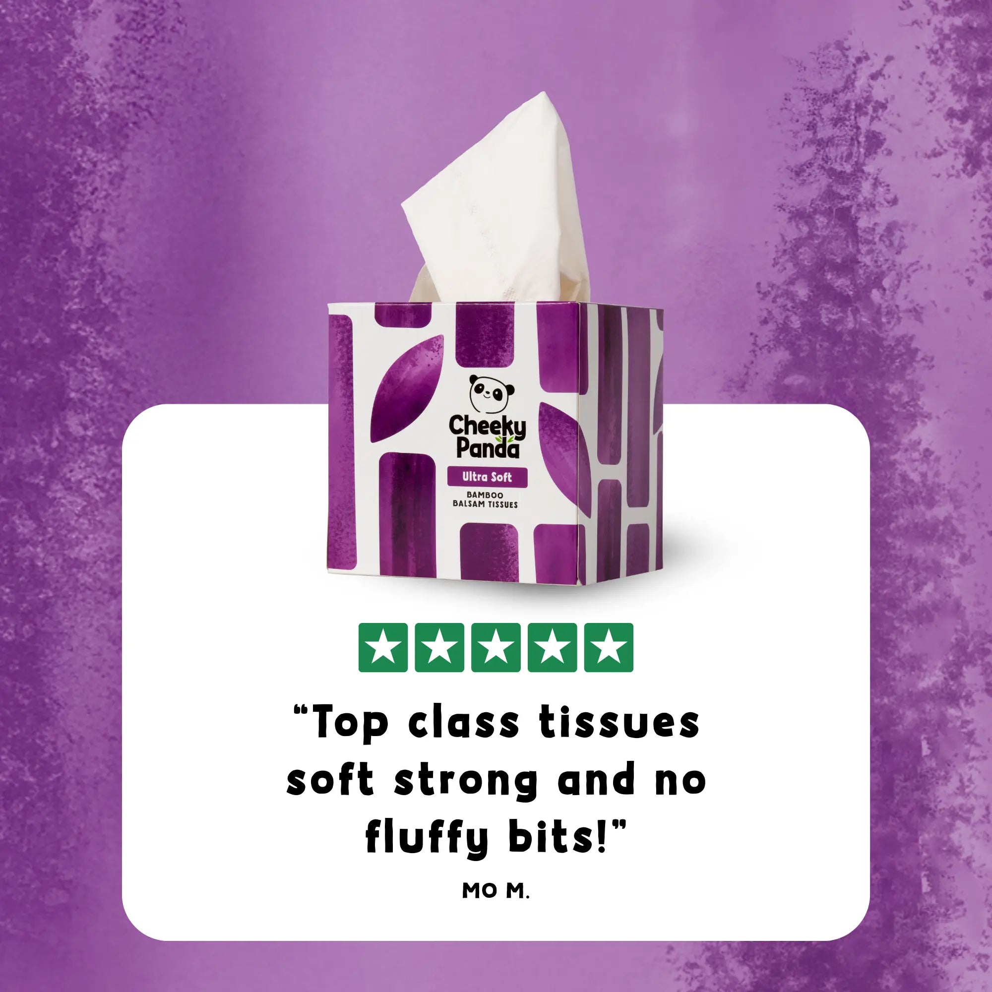 A Cheeky Panda tissue box with a five-star review from Mo M. on a purple background.