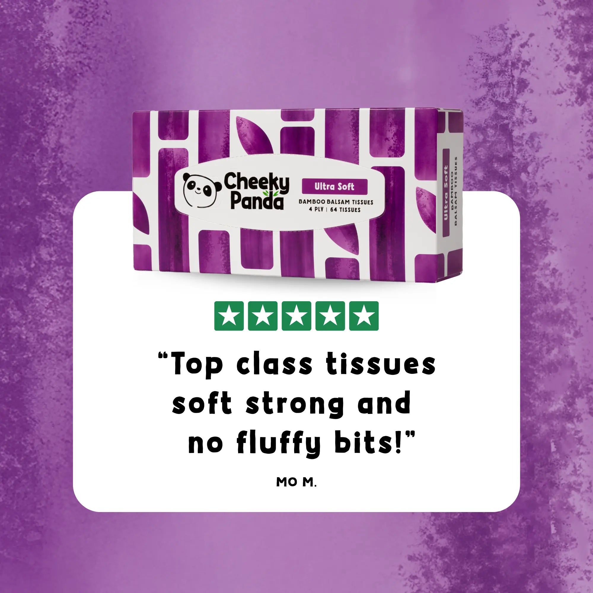 A box of Cheeky Panda Ultra Soft tissues above a five-star review from Mo M. praising them as 'Top class tissues soft strong and no fluffy bits!'.