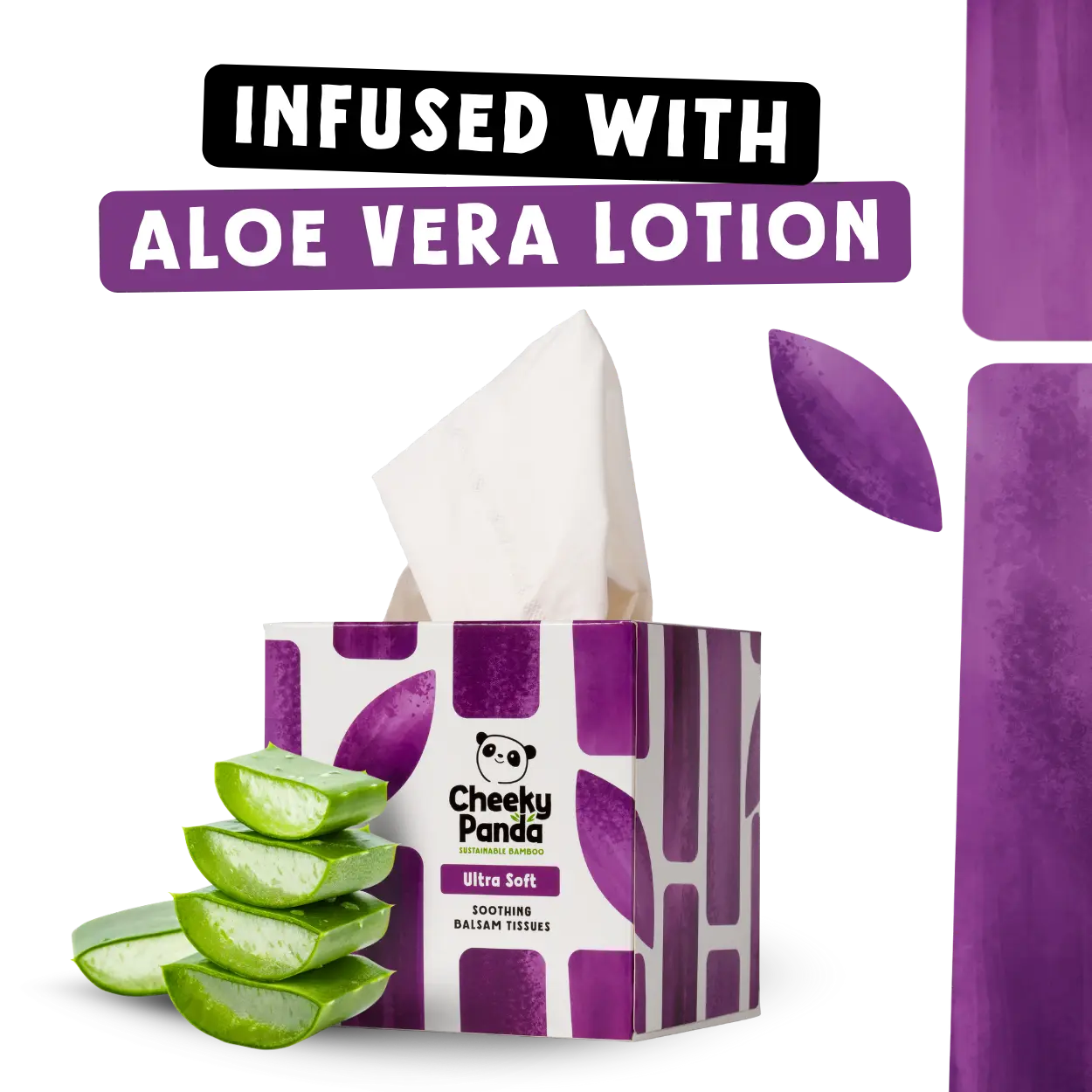 Tissue box with aloe vera slices and 'Cheeky Panda' branding, labeled 'Infused with Aloe Vera Lotion'.
