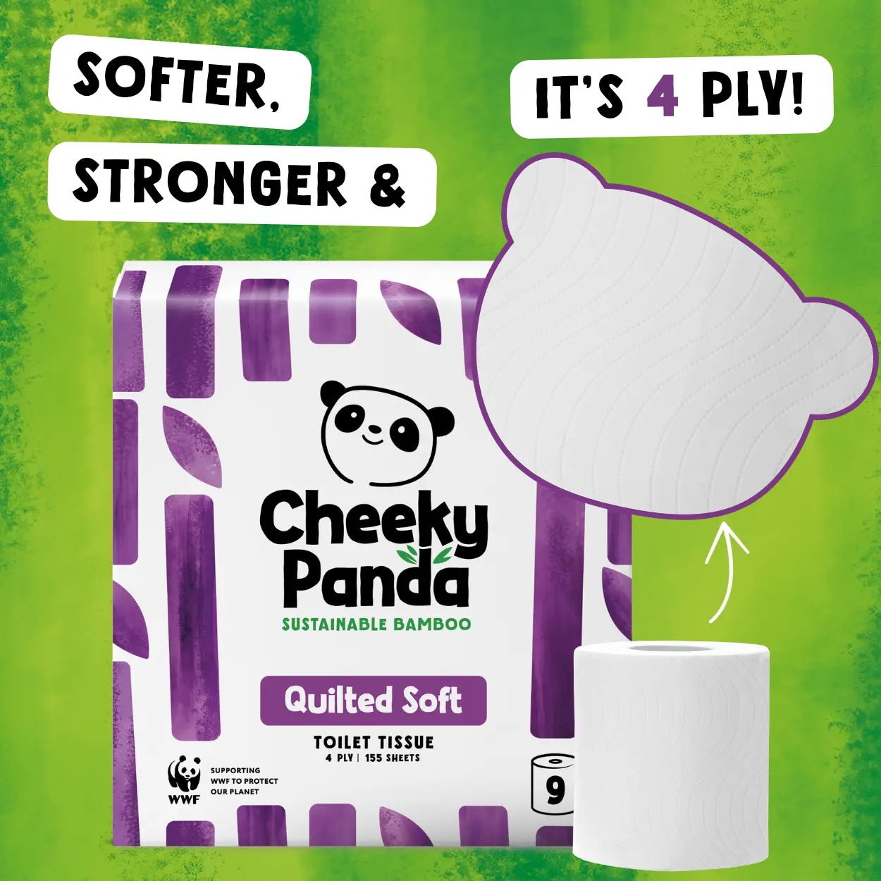 Cheeky Panda quilted toilet paper packaging with a panda logo on a green background