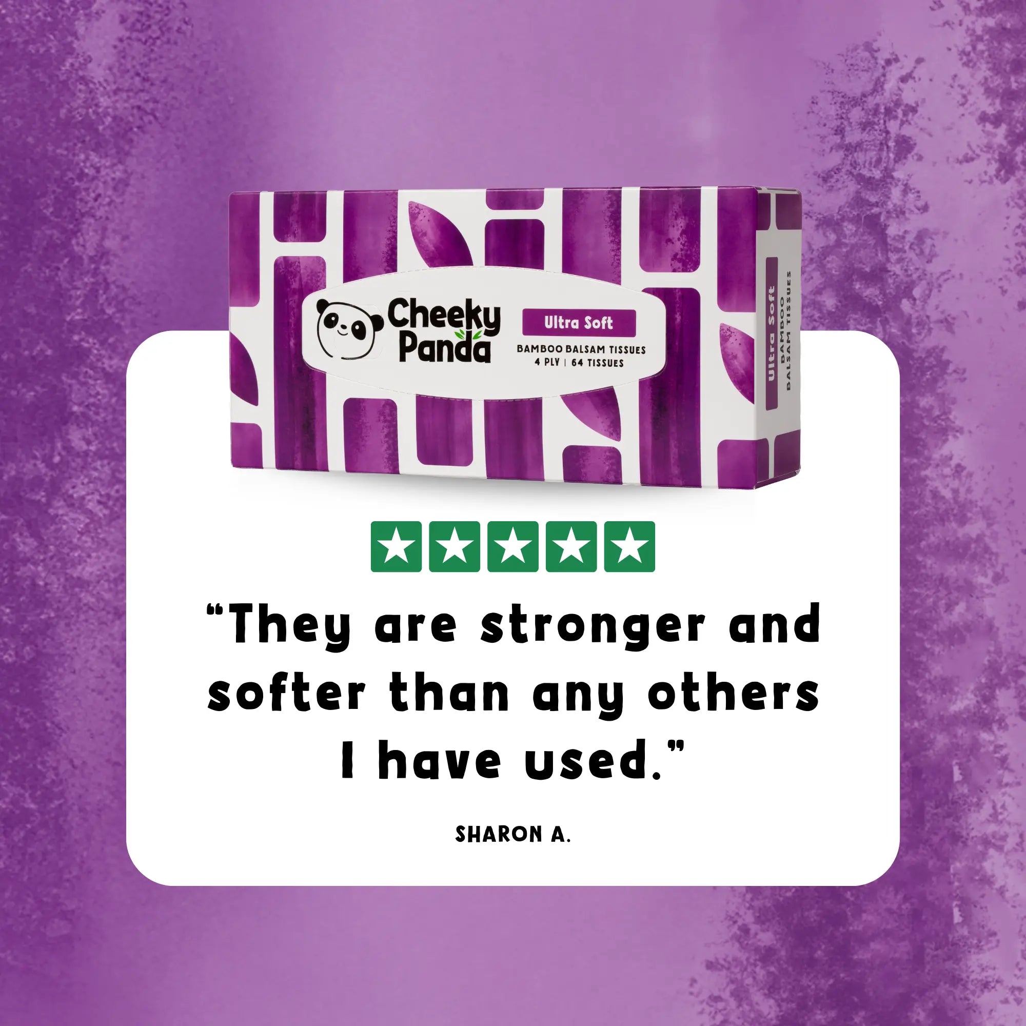 A box of Cheeky Panda Ultra Soft tissues above a five-star review from Sharon A. stating, 'They are stronger and softer than any others I have used'.