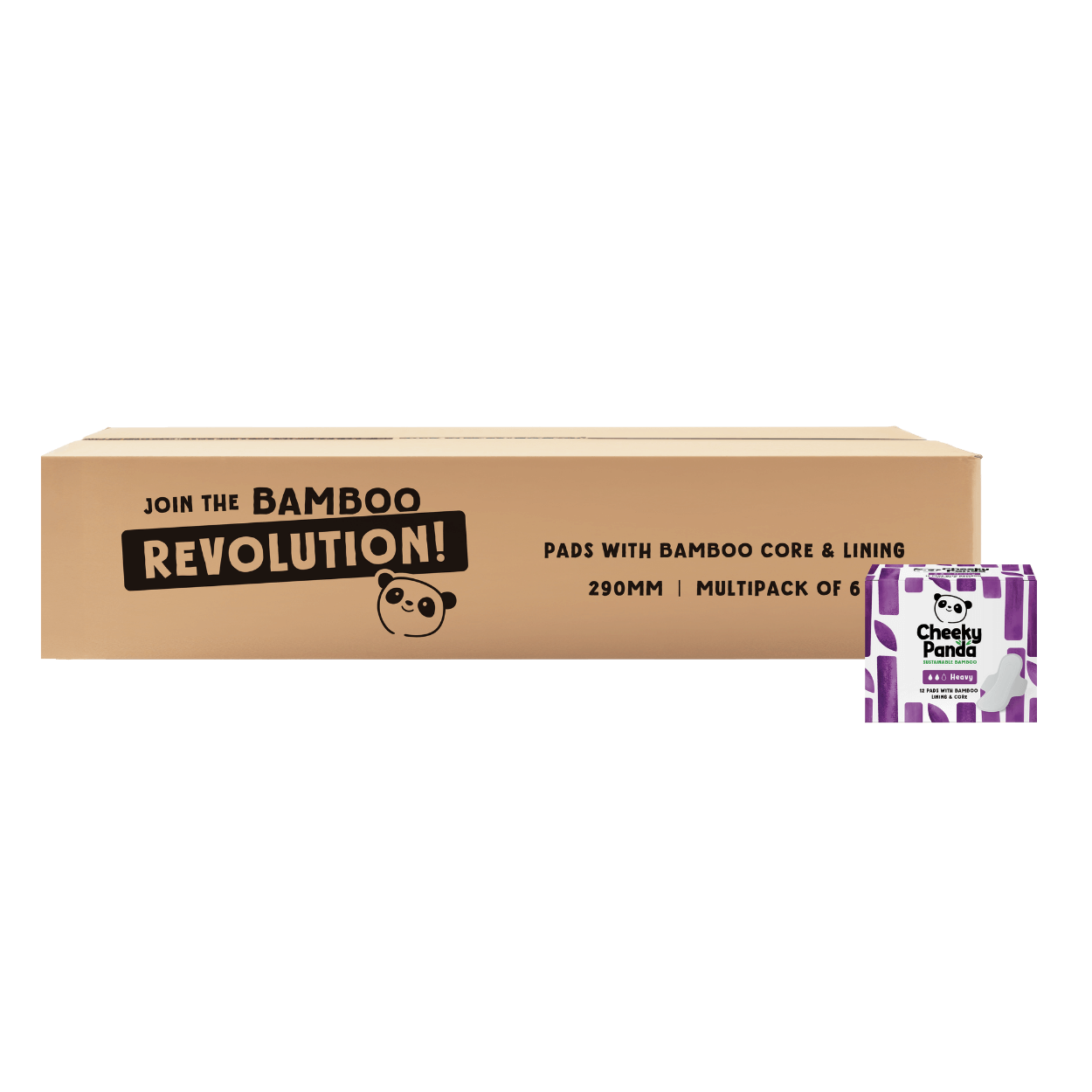 Box of Cheeky Panda period care bamboo products with a box of pads displayed on a black background