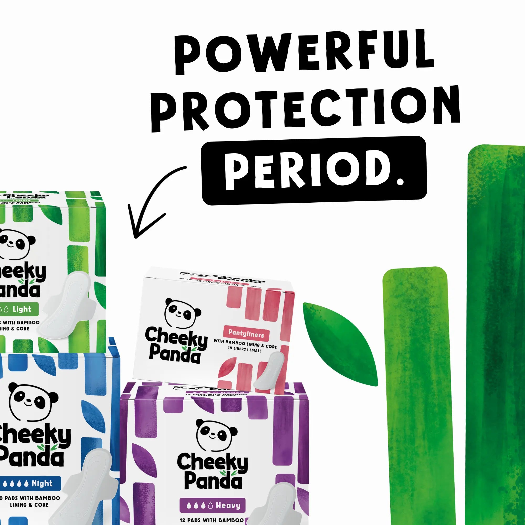 Cheeky Panda pads (light, pantyliners, heavy, night) with text 'Powerful Protection Period'.