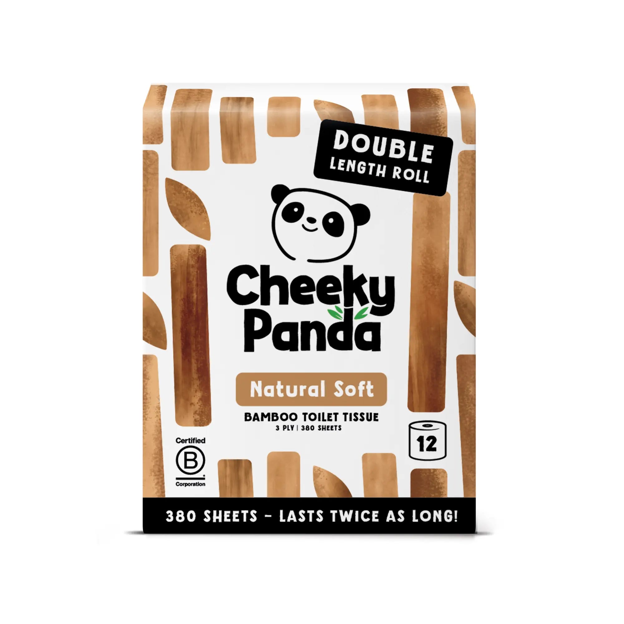 A 12-roll pack of Cheeky Panda Natural Soft bamboo toilet tissue.