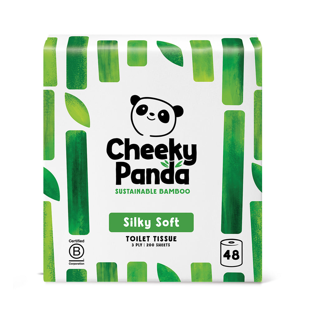 Cheeky Panda sustainable bamboo toilet tissue packaging with green and white design.
