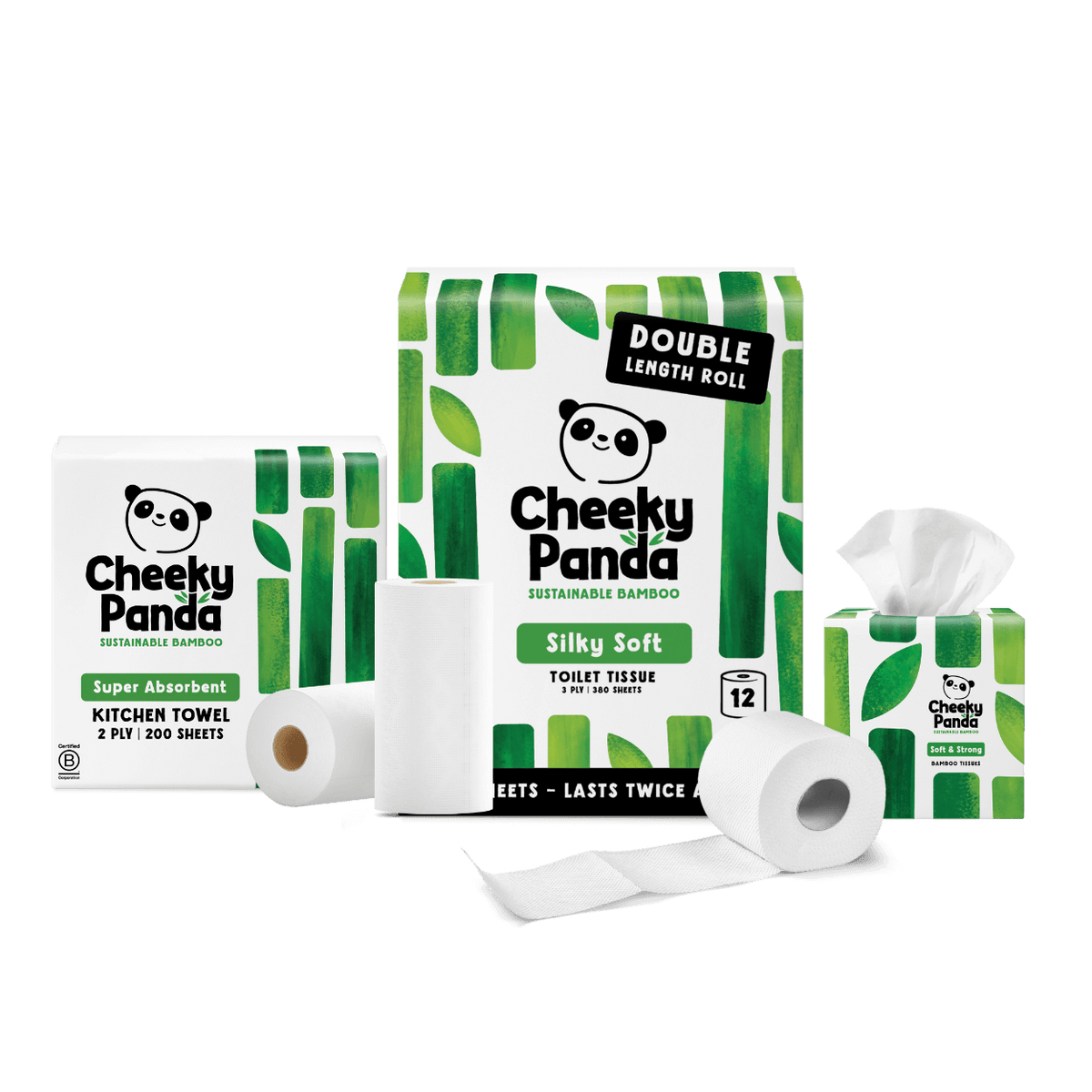 Cheeky Panda sustainable bamboo products including toilet paper, kitchen towels, and tissues on a black background.