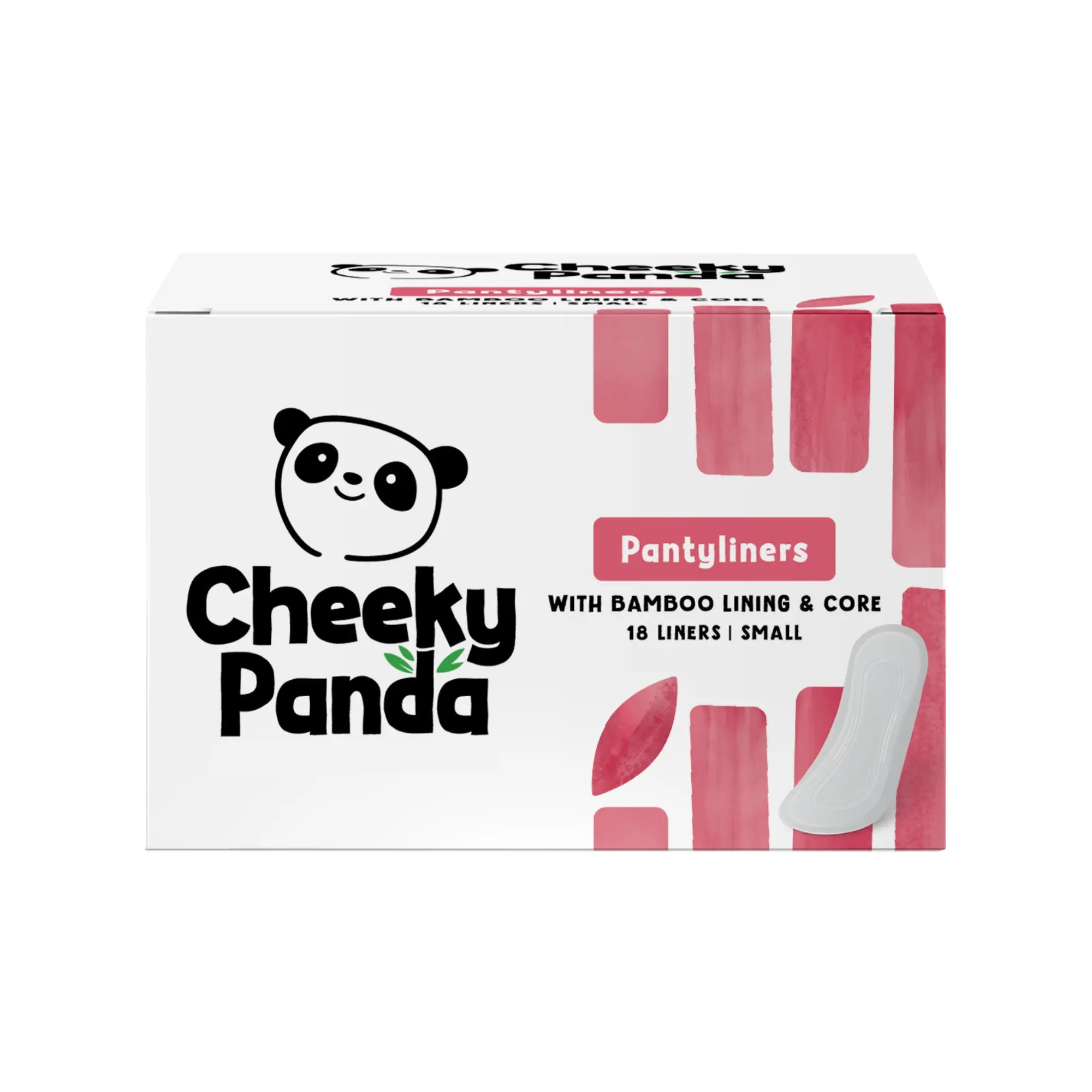 Cheeky Panda pantyliners box, 18 small liners, with bamboo lining and core. One liner shown.