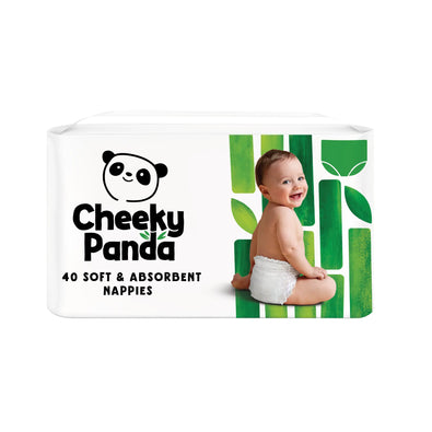 A packet of Cheeky Panda soft and absorbent nappies, featuring a smiling baby.
