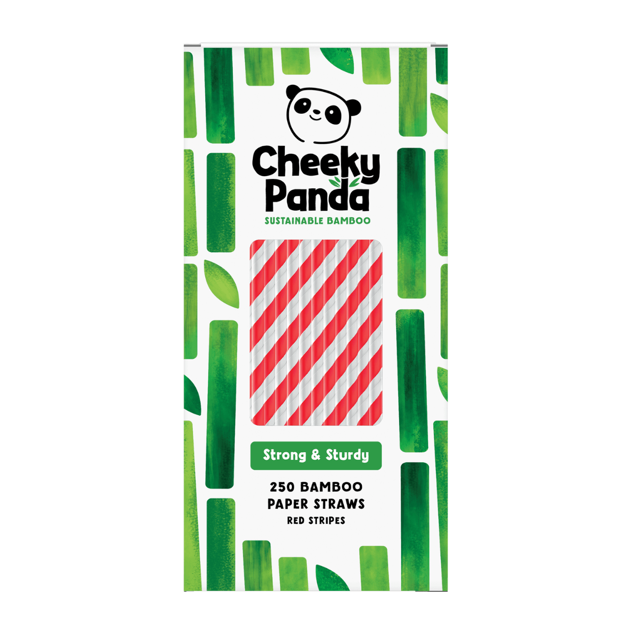 Box of red striped Cheeky Panda bamboo paper straws with green pattern and red stripes.