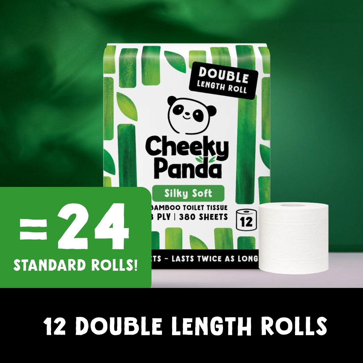 Cheeky Panda bamboo toilet tissue package shown with a roll of white tissue and a green promotional badge stating '=24 STANDARD ROLLS!' against a dark green background.