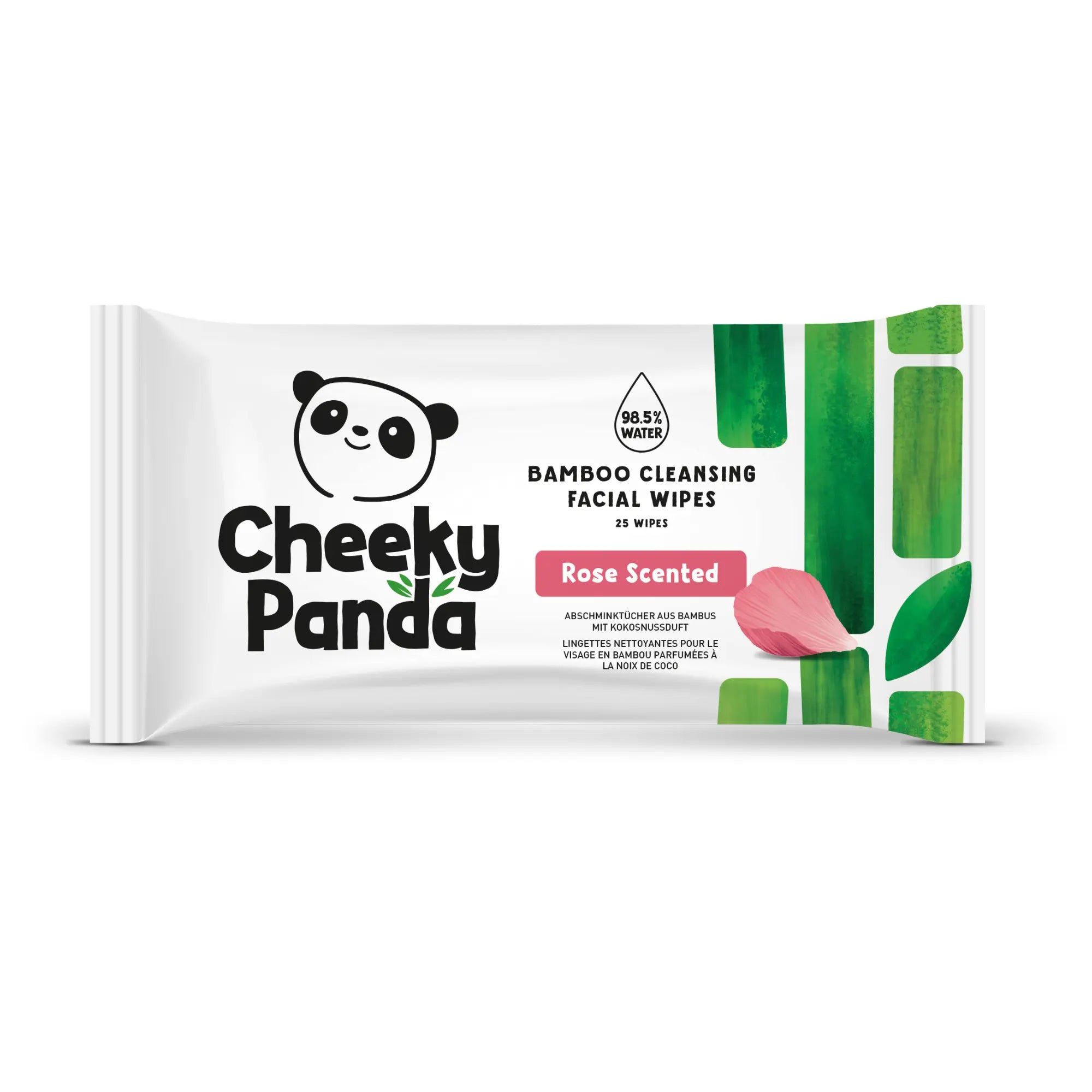 A single pack of Cheeky Panda rose scented bamboo cleansing facial wipes.