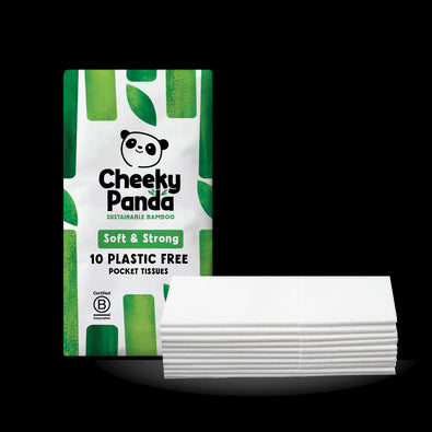 Cheeky Panda pocket tissues with green and white packaging on a black background