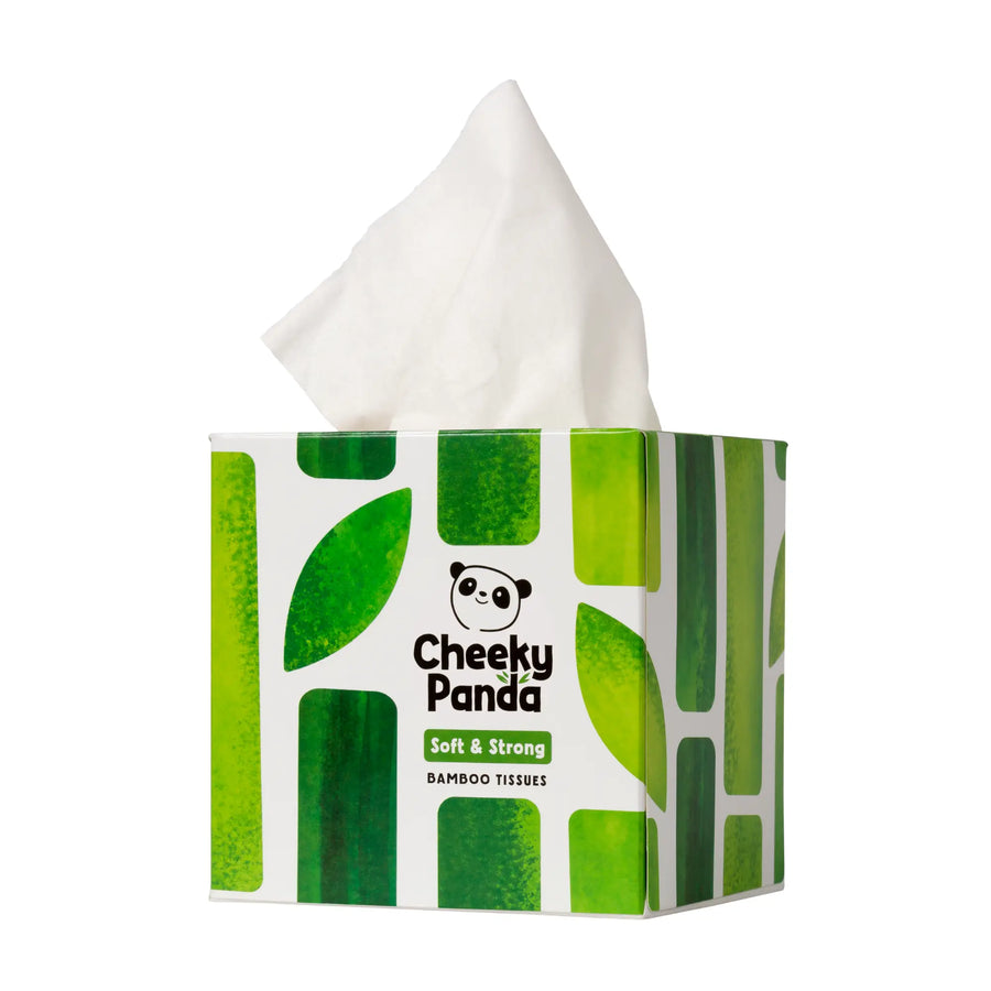 Cheeky Panda cube tissue box with a tissue pulled out.