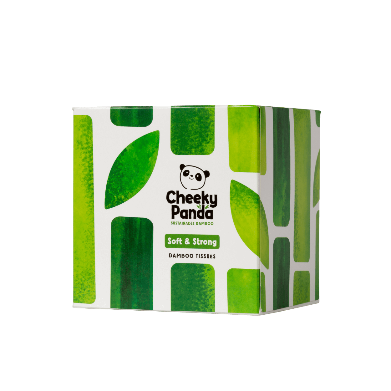 Box of Cheeky Panda bamboo sustainable tissues with green leaf pattern on a black background