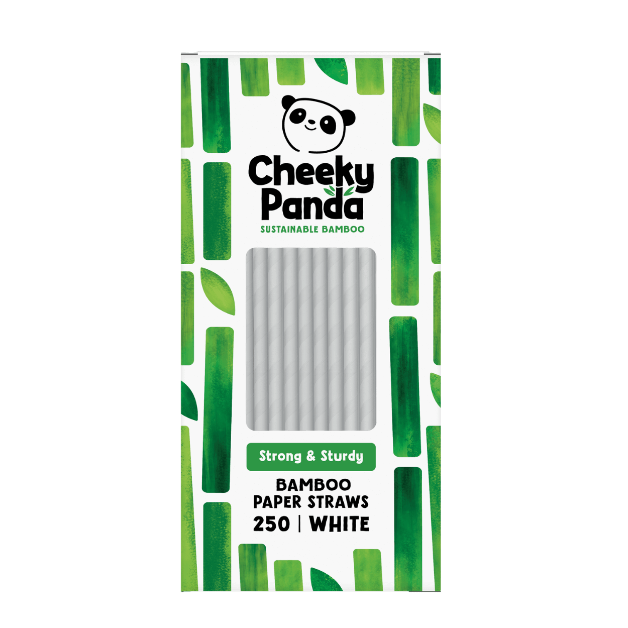 Pack of Cheeky Panda bamboo paper straws with green and white design
