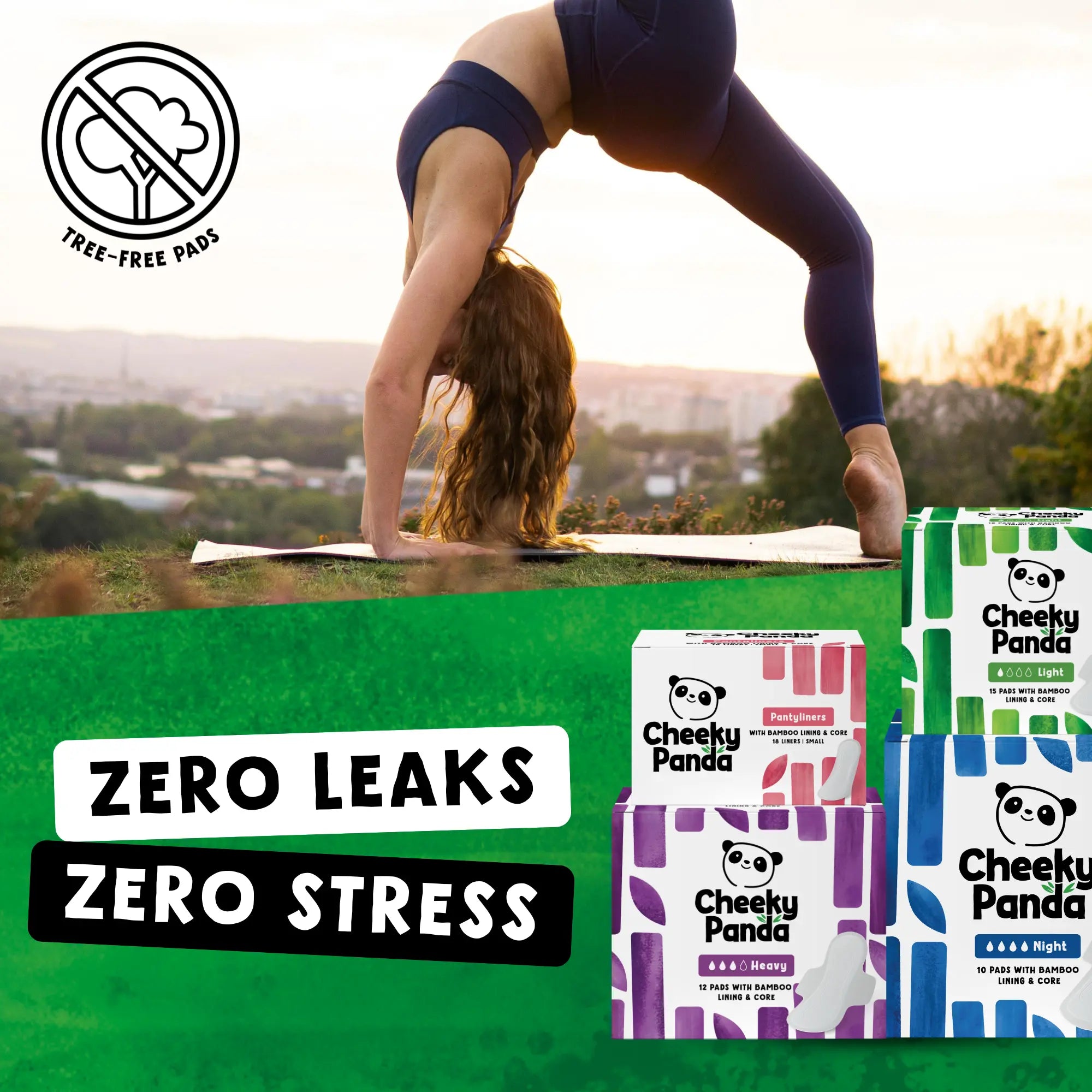 Woman doing a yoga pose outdoors, with Cheeky Panda pantyliner packs. Text: 'Zero Leaks Zero Stress'.