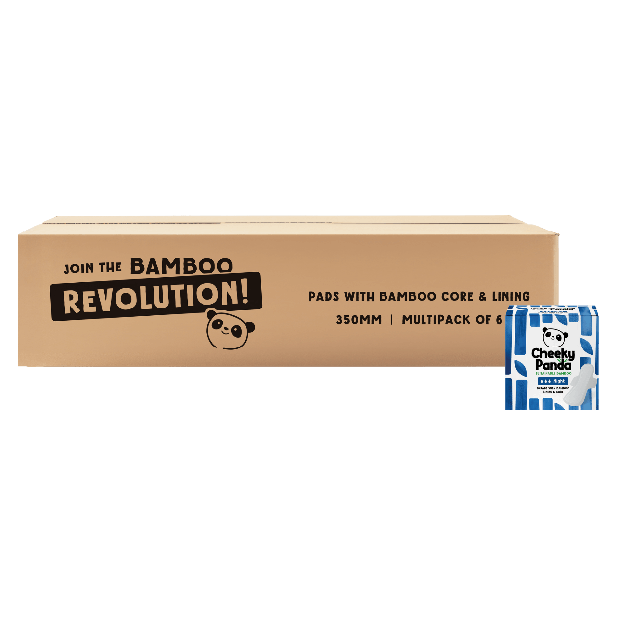 Box of Cheeky Panda period care bamboo products with a smaller product packaging on the right.