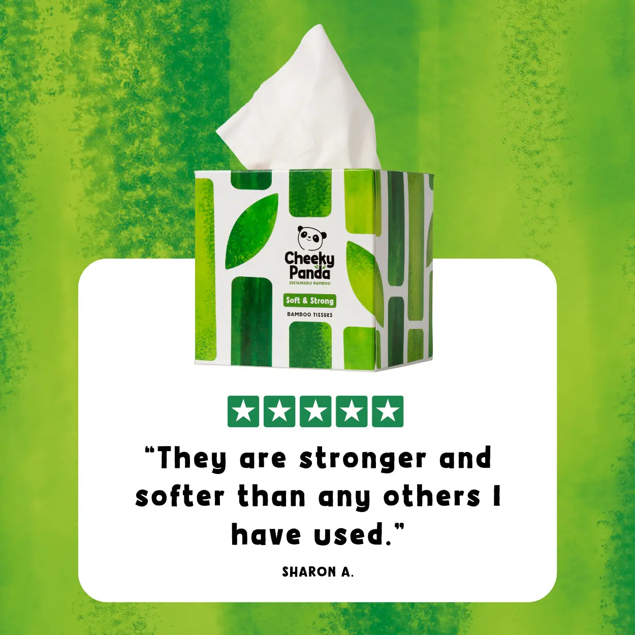 Cheeky Panda tissue box with a green background and customer 5-star rating and review quote.
