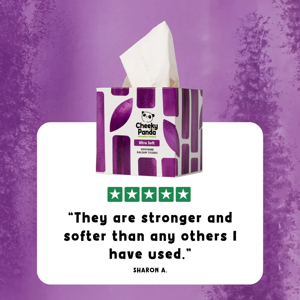 Cheeky Panda balsam tissue box with purple and white design on a purple background, featuring a 5-star rating and customer review.
