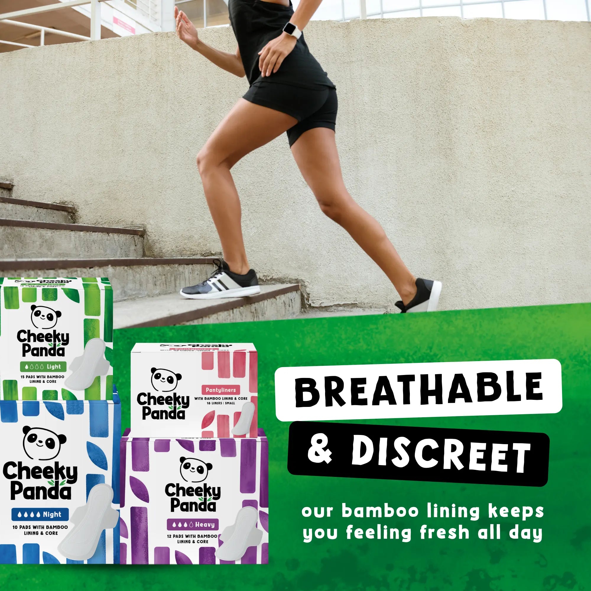 A woman running outdoors with Cheeky Panda pads and text 'Breathable & Discreet'.