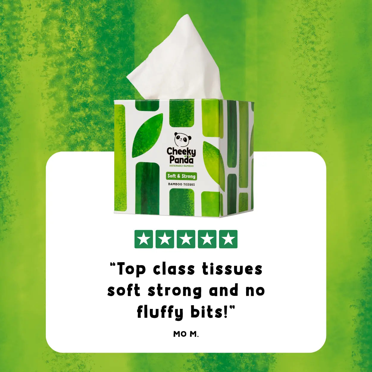 Tissue box with green and white design on a green background, with customer 5-star rating and review quote