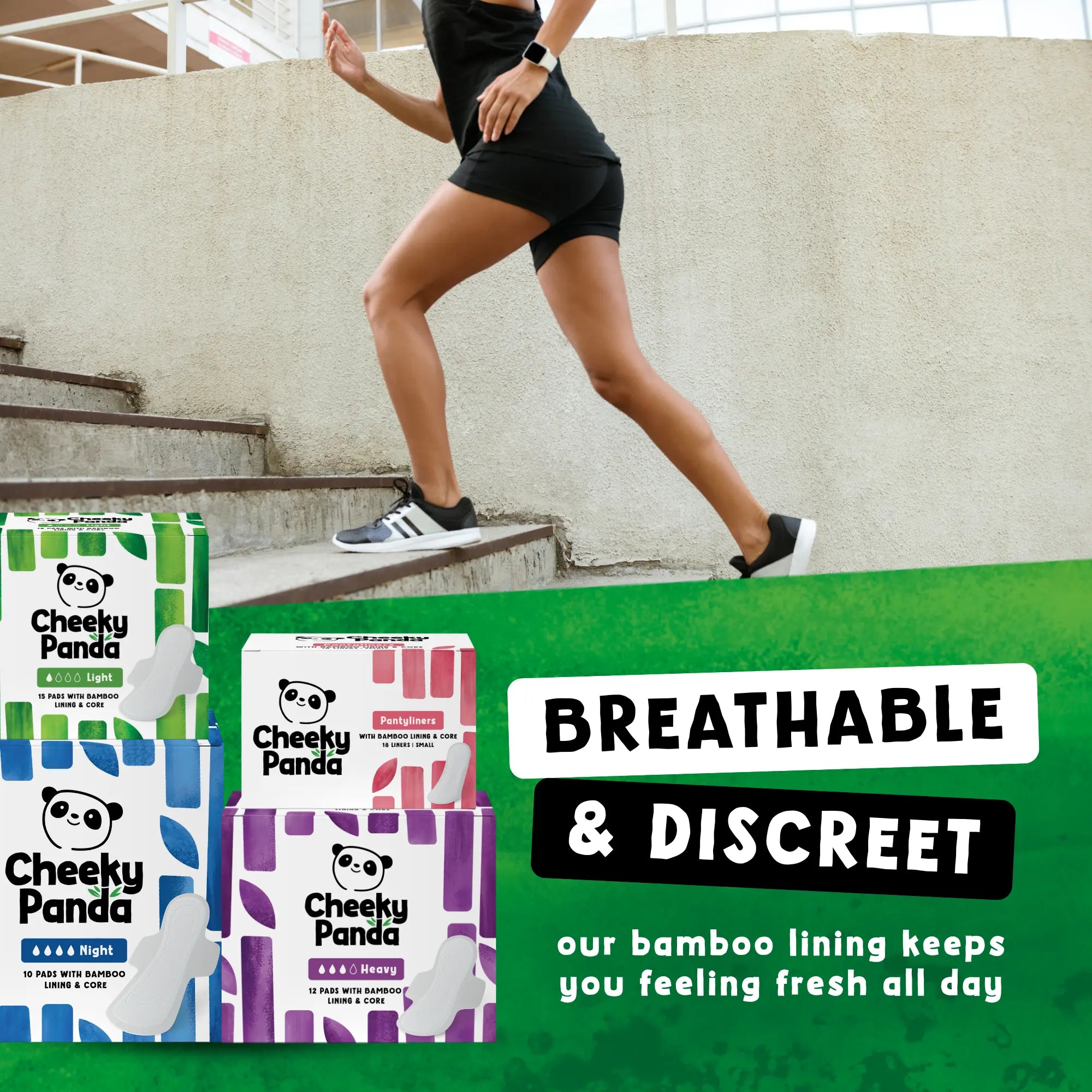 Woman running upstairs, with Cheeky Panda pantyliner packs. Text: 'Breathable & Discreet'.