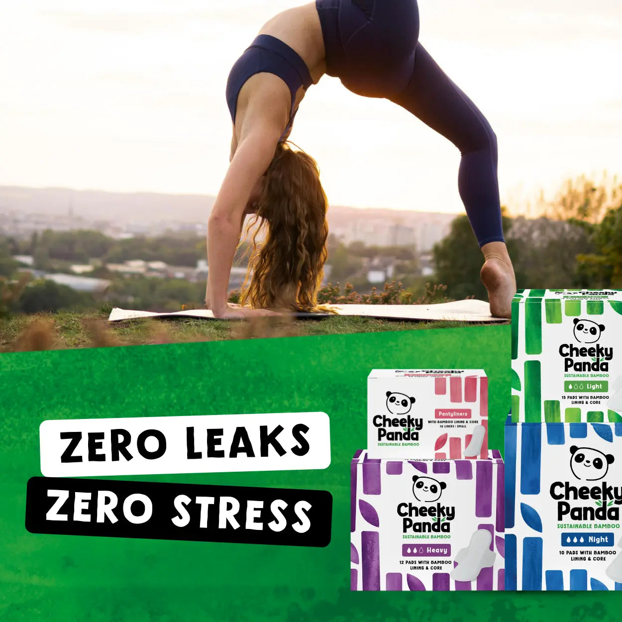 Person doing a handstand with Cheeky Panda pads and liners displayed in the foreground, emphasizing that the range is leak-proof
