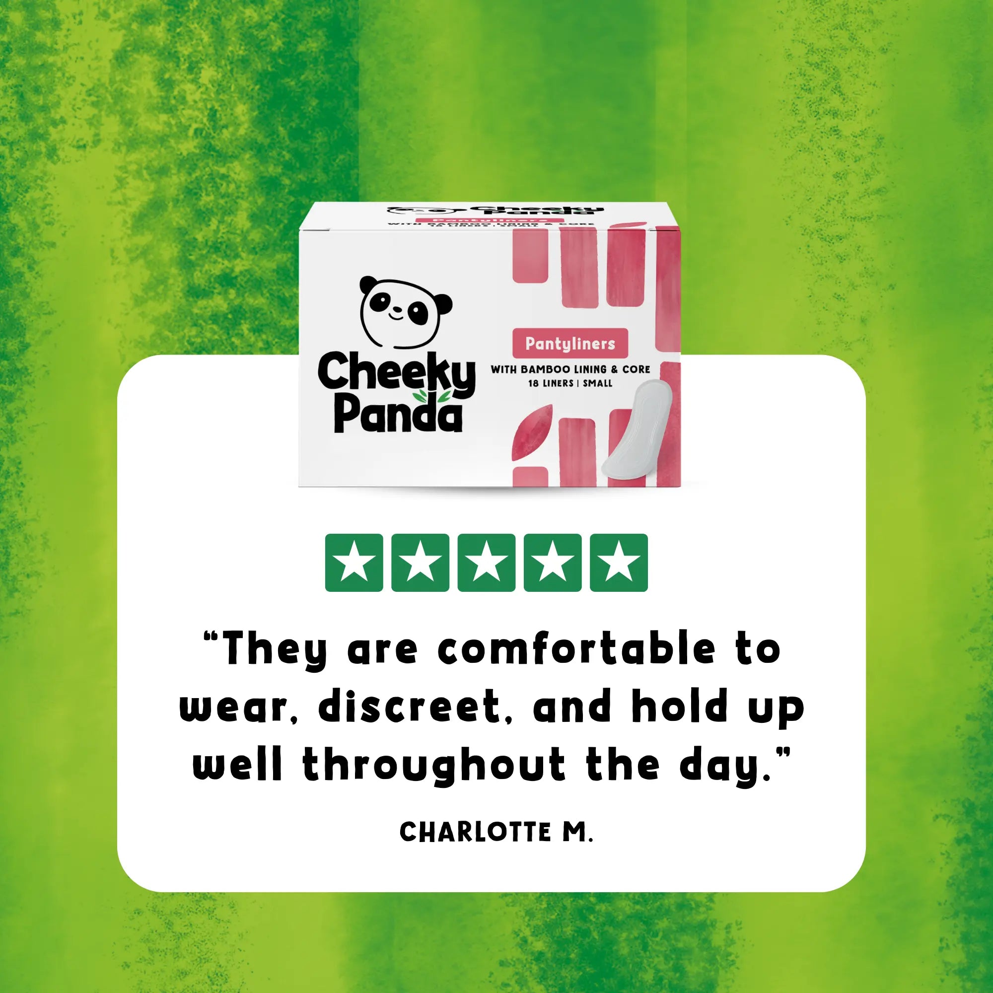 Cheeky Panda pantyliners box with a five-star review: 'Comfortable, discreet, and hold up well' by Charlotte M.