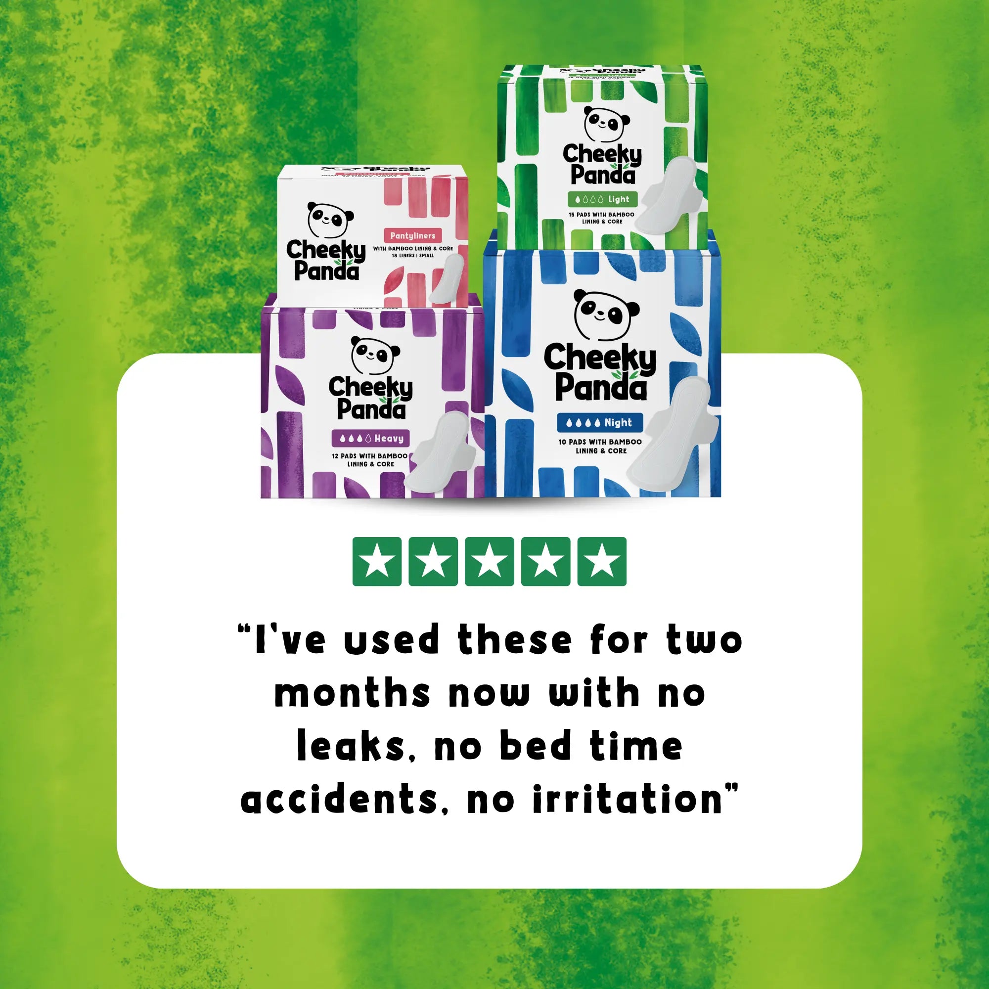 Cheeky Panda pads with a customer review: 'I've used these for two months now with no leaks, no bedtime accidents, no irritation'.