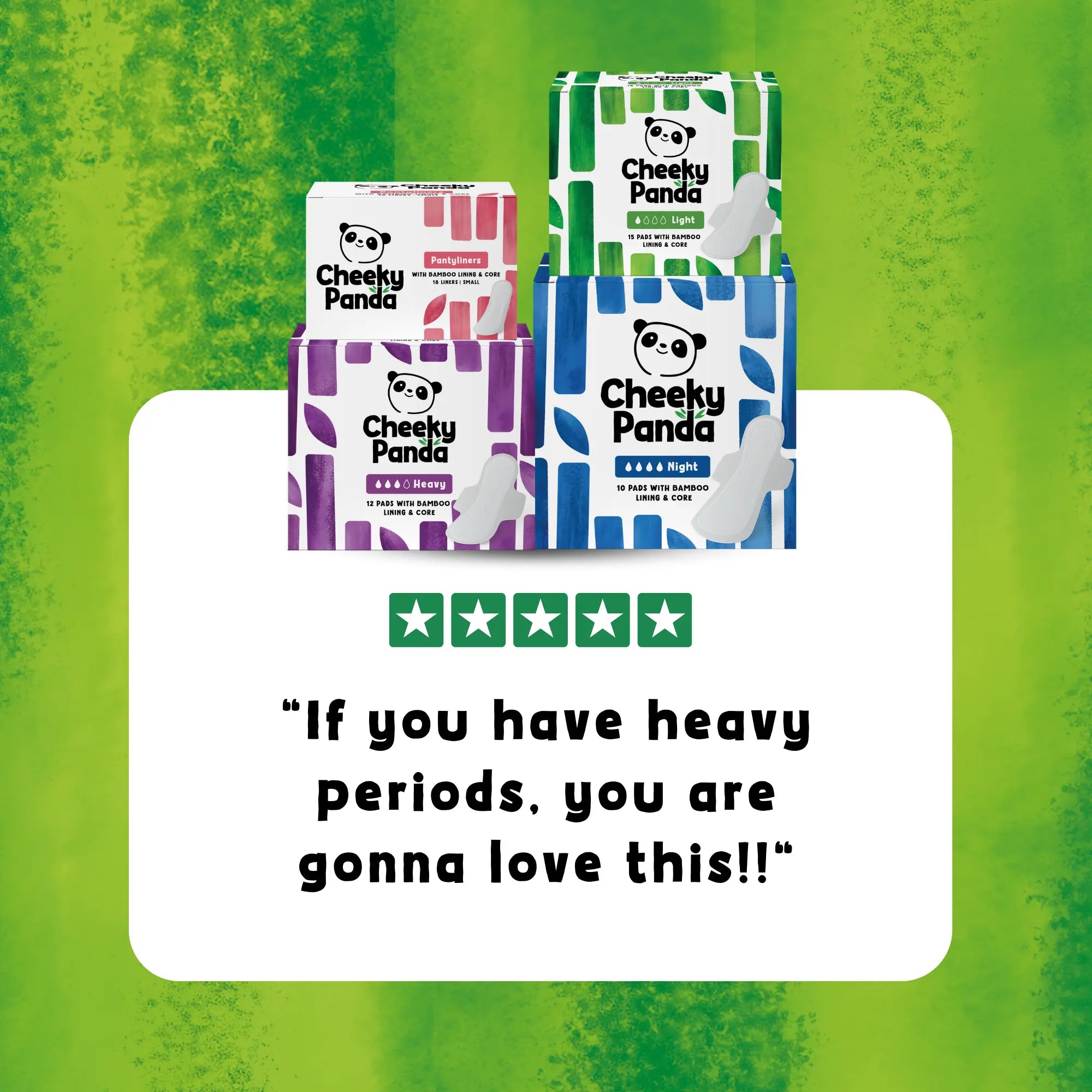 Cheeky Panda pads with a customer review: 'If you have heavy periods, you are gonna love this!!'