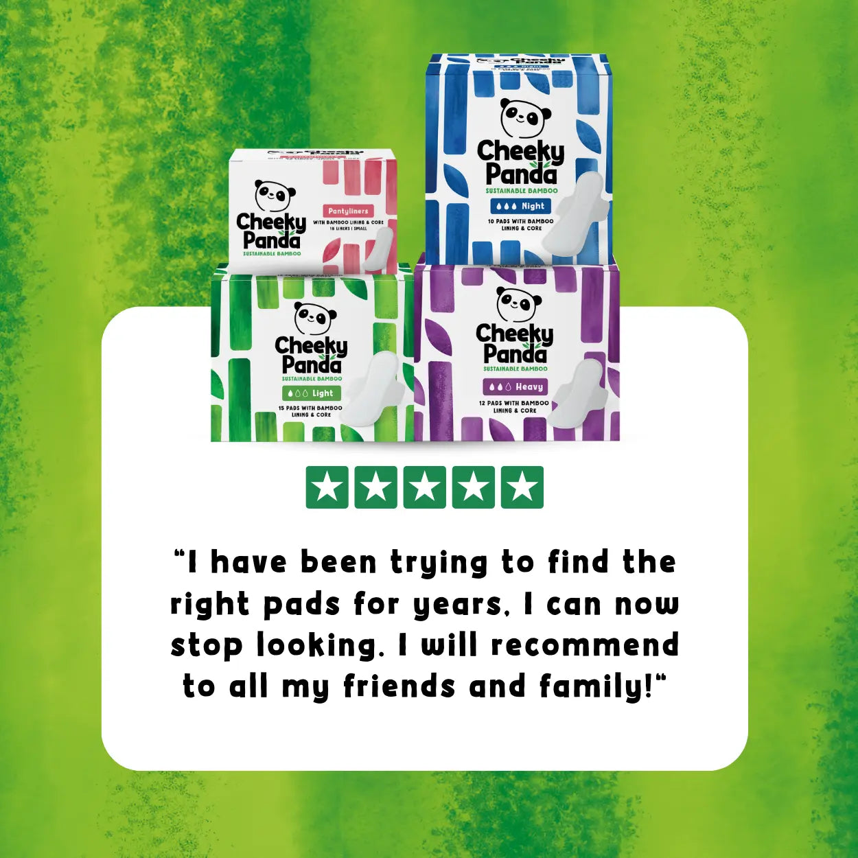 Cheeky Panda period pads packaging on a green background with a 5-star review and customer testimonial.