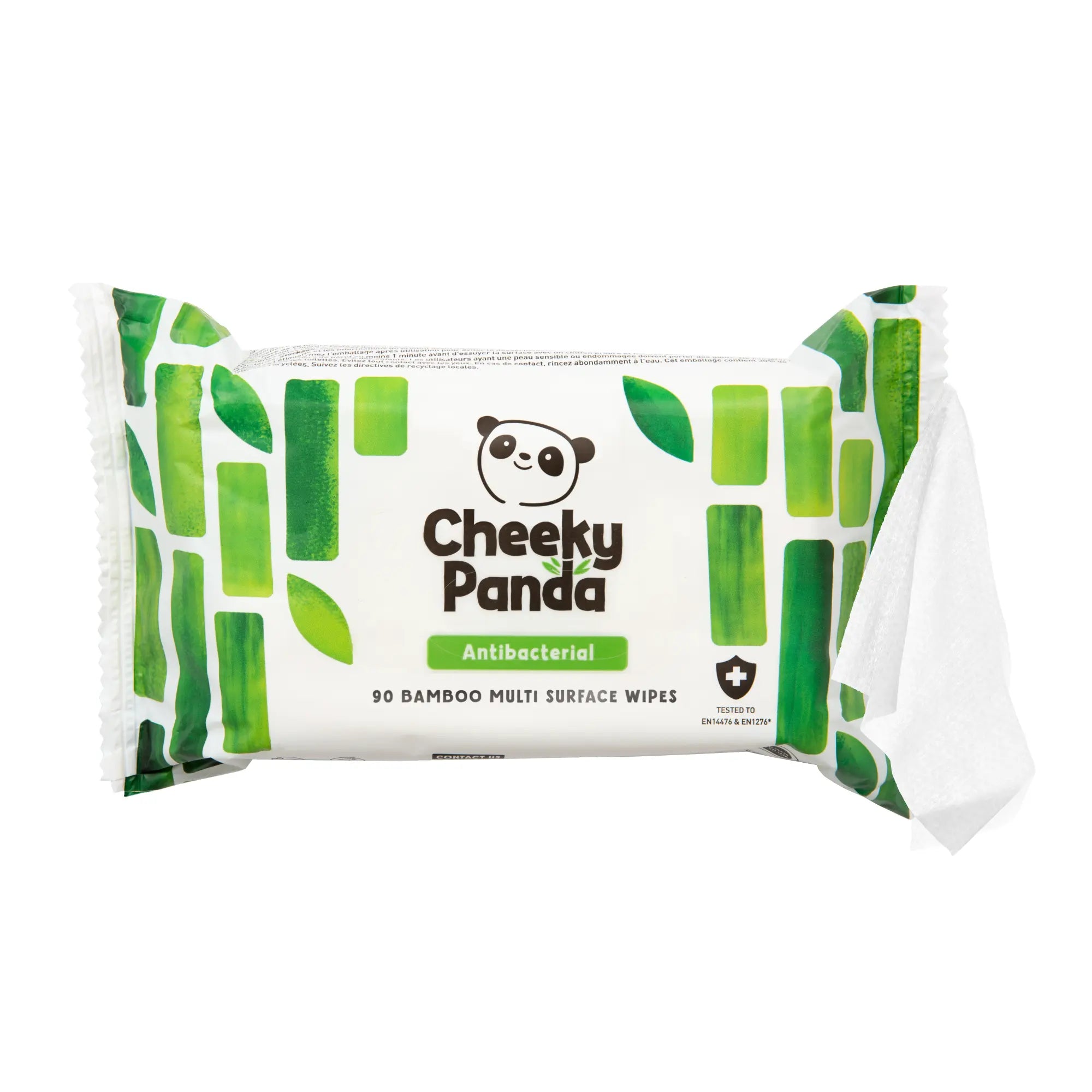 Single pack of Cheeky Panda antibacterial bamboo multi-surface wipes with one wipe pulled out.