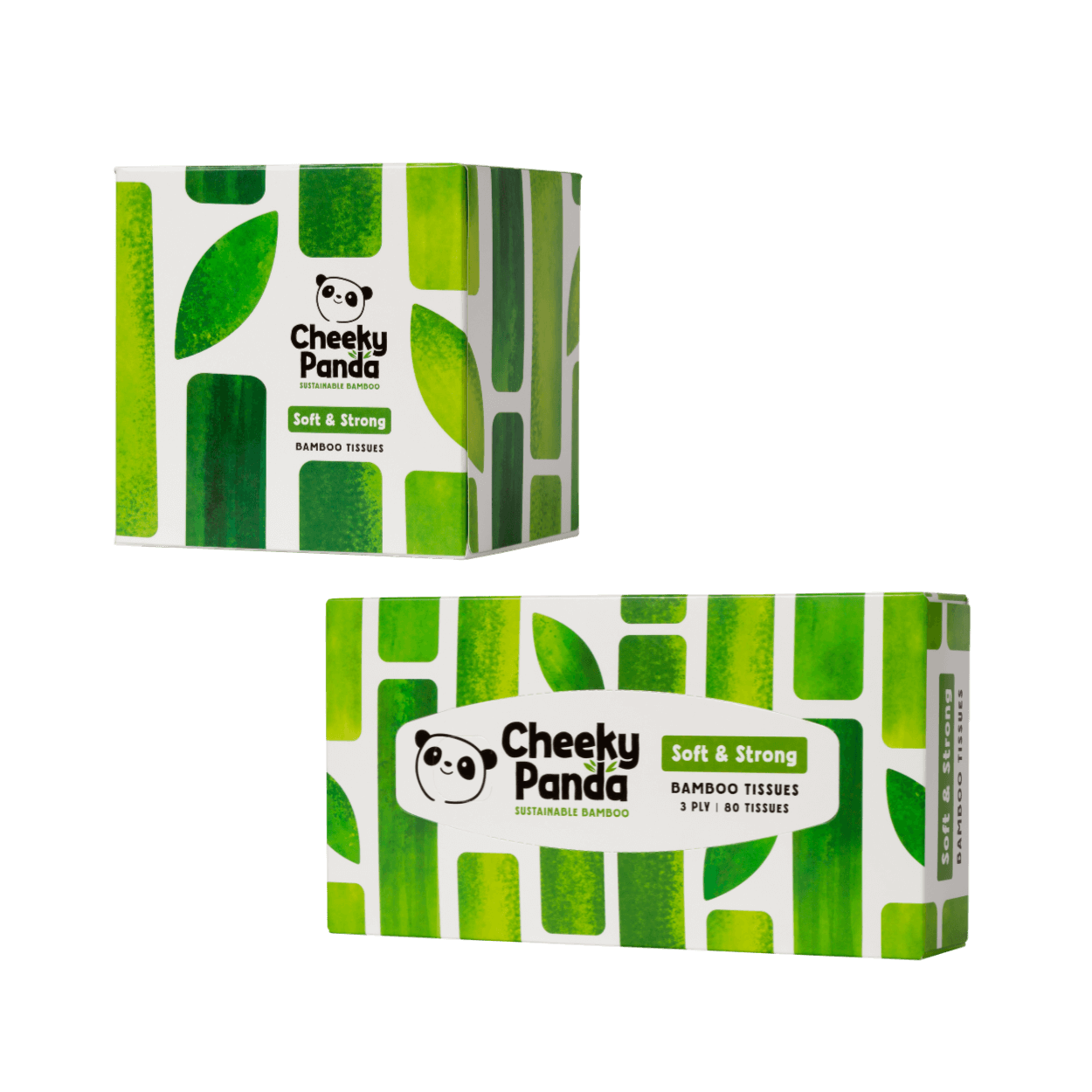Two boxes of Cheeky Panda bamboo sustainable tissues with green leaf pattern on a black background