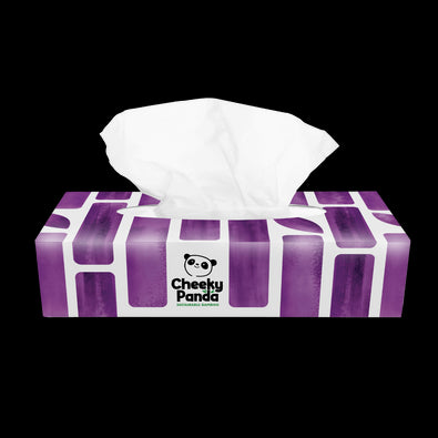 Purple and white tissue box with 'Cheeky Panda' branding on a black background