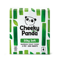 Cheeky Panda Silky Soft Bamboo Toilet Tissue, 3 ply, 200 sheets, 4 rolls. Certified B Corporation.