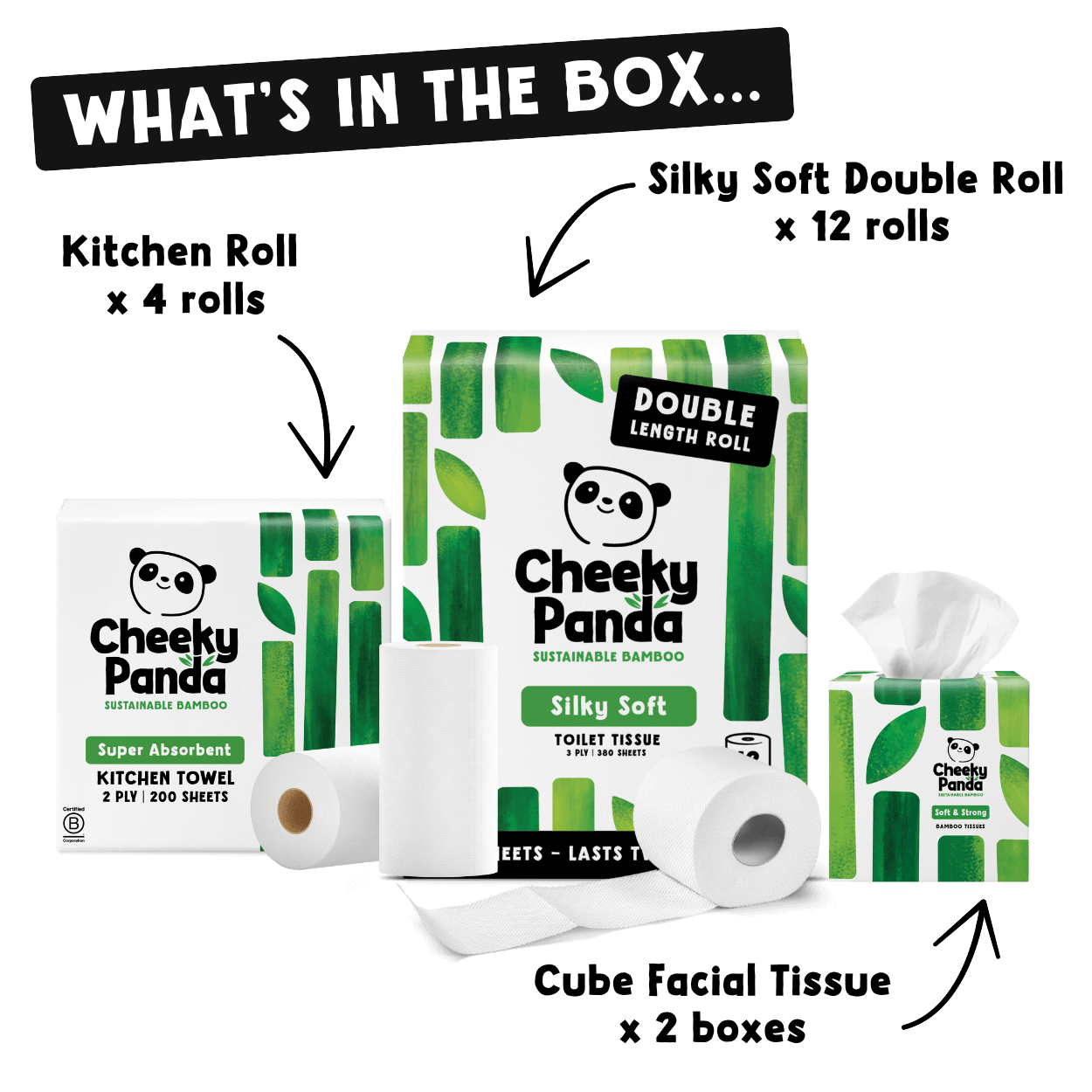Cheeky Panda sustainable bamboo products including toilet tissue, kitchen towels, and Silky Soft packaging on a black background.
