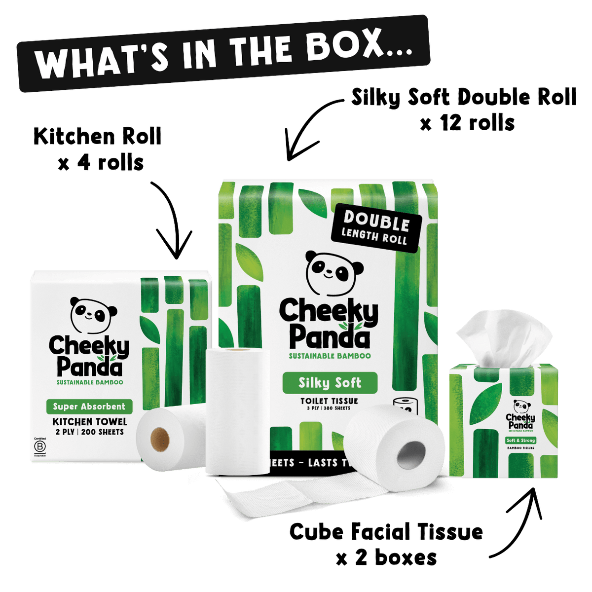 Cheeky Panda sustainable bamboo products including toilet paper, kitchen towels, and tissues boxes on a black background.