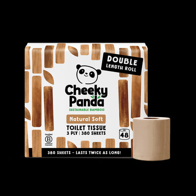 Cheeky Panda toilet paper packaging with a roll on a black background