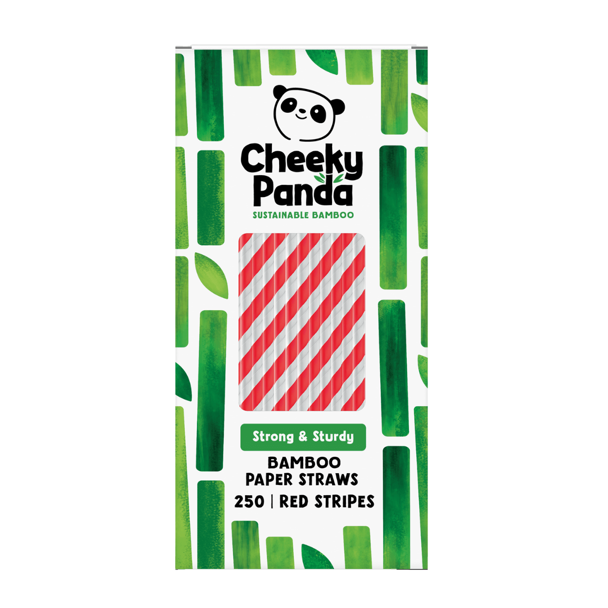 Cheeky Panda bamboo paper straws packaging with green and red design