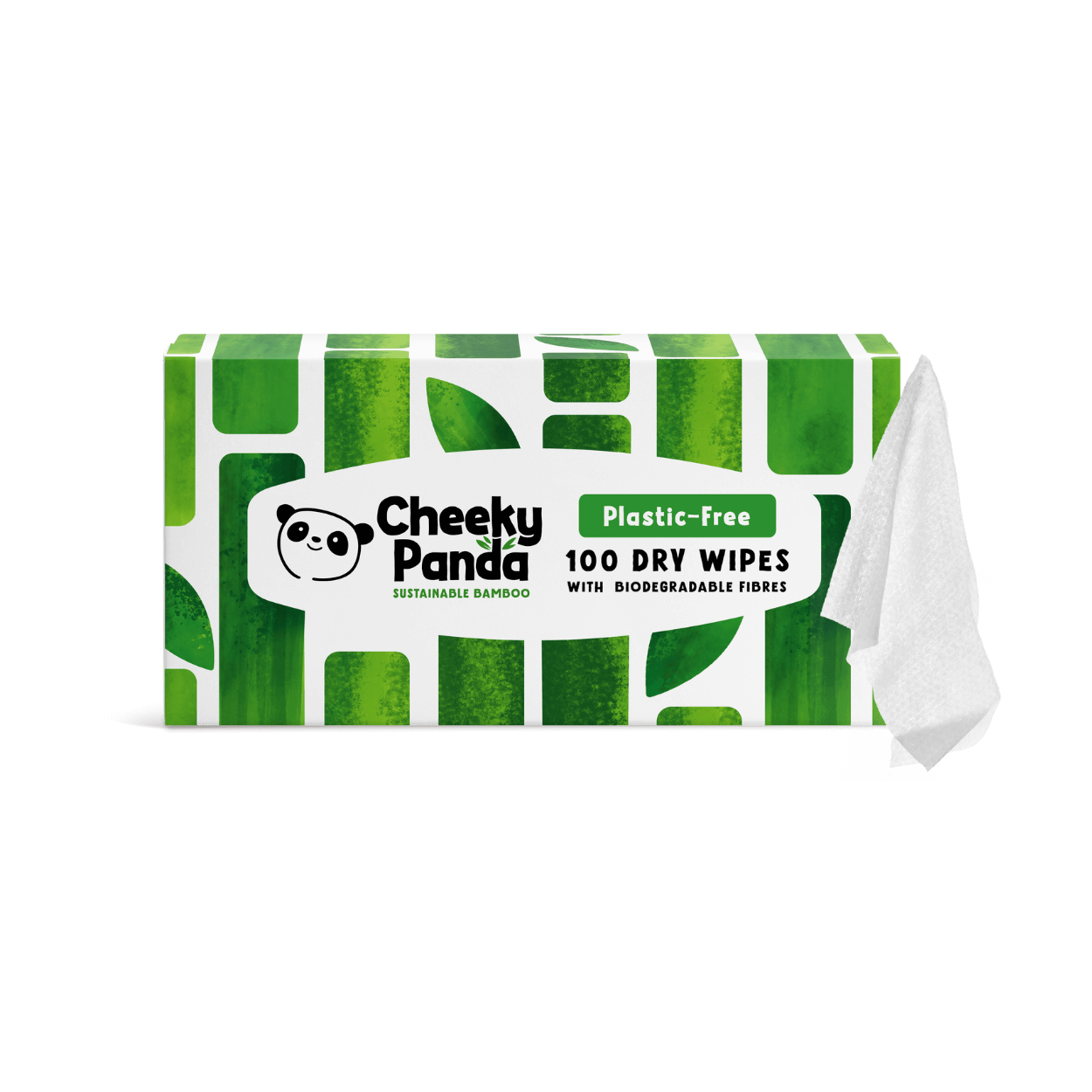 Box of Cheeky Panda dry wipes with a green and white design on a black background