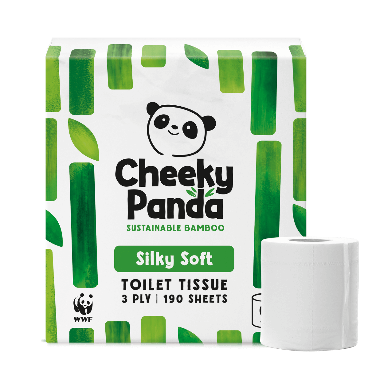 Cheeky Panda sustainable bamboo toilet paper packaging with a roll of toilet paper on a black background