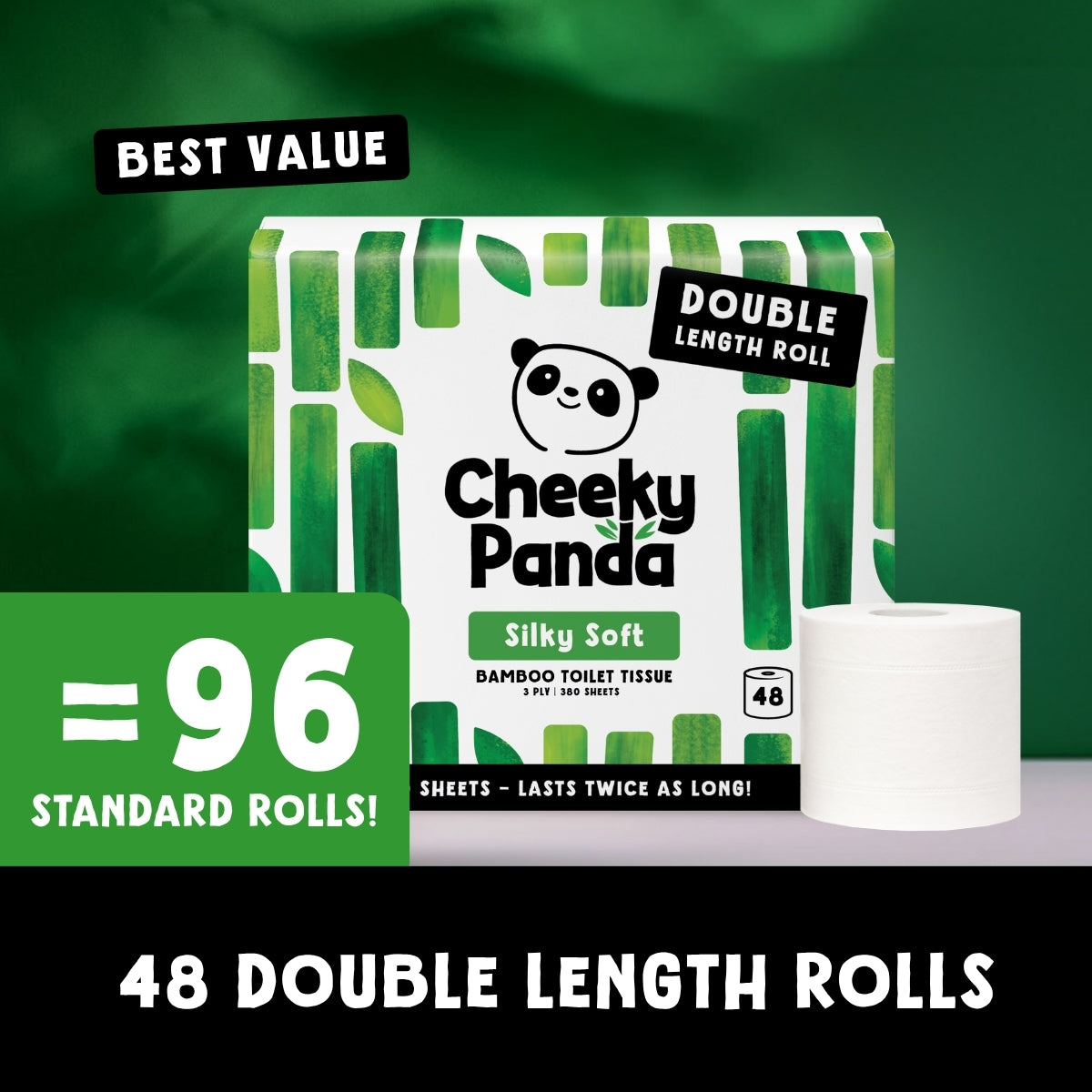 Cheeky Panda Bamboo Toilet Tissue double length roll packaging shown with one white roll on a dark green background, with promotional text including 'BEST VALUE', 'DOUBLE LENGTH ROLL', and '48 DOUBLE LENGTH ROLLS'.