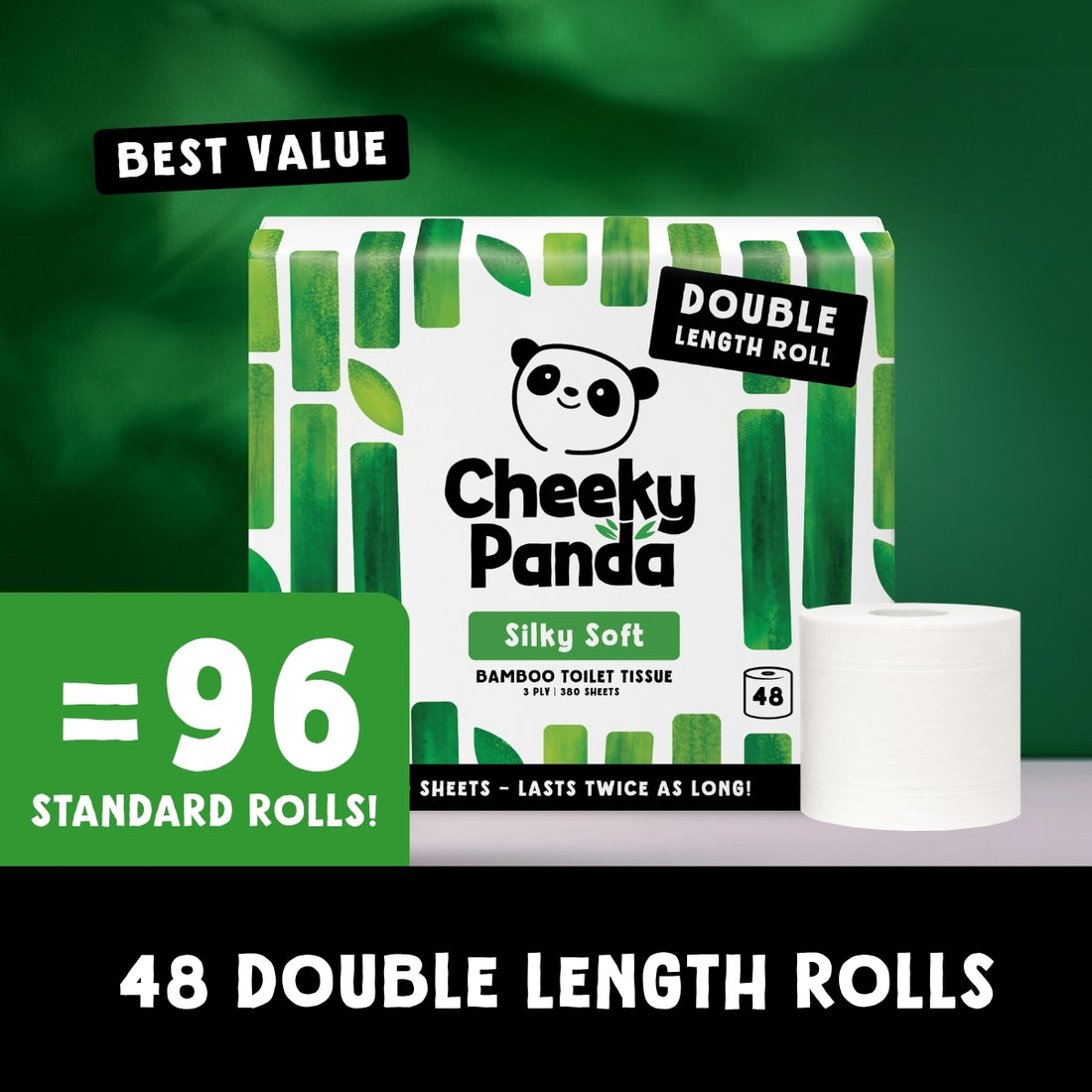 Cheeky Panda Bamboo Toilet Tissue double length roll packaging shown with one white roll on a dark green background, with promotional text including 'BEST VALUE', 'DOUBLE LENGTH ROLL', and '48 DOUBLE LENGTH ROLLS'.