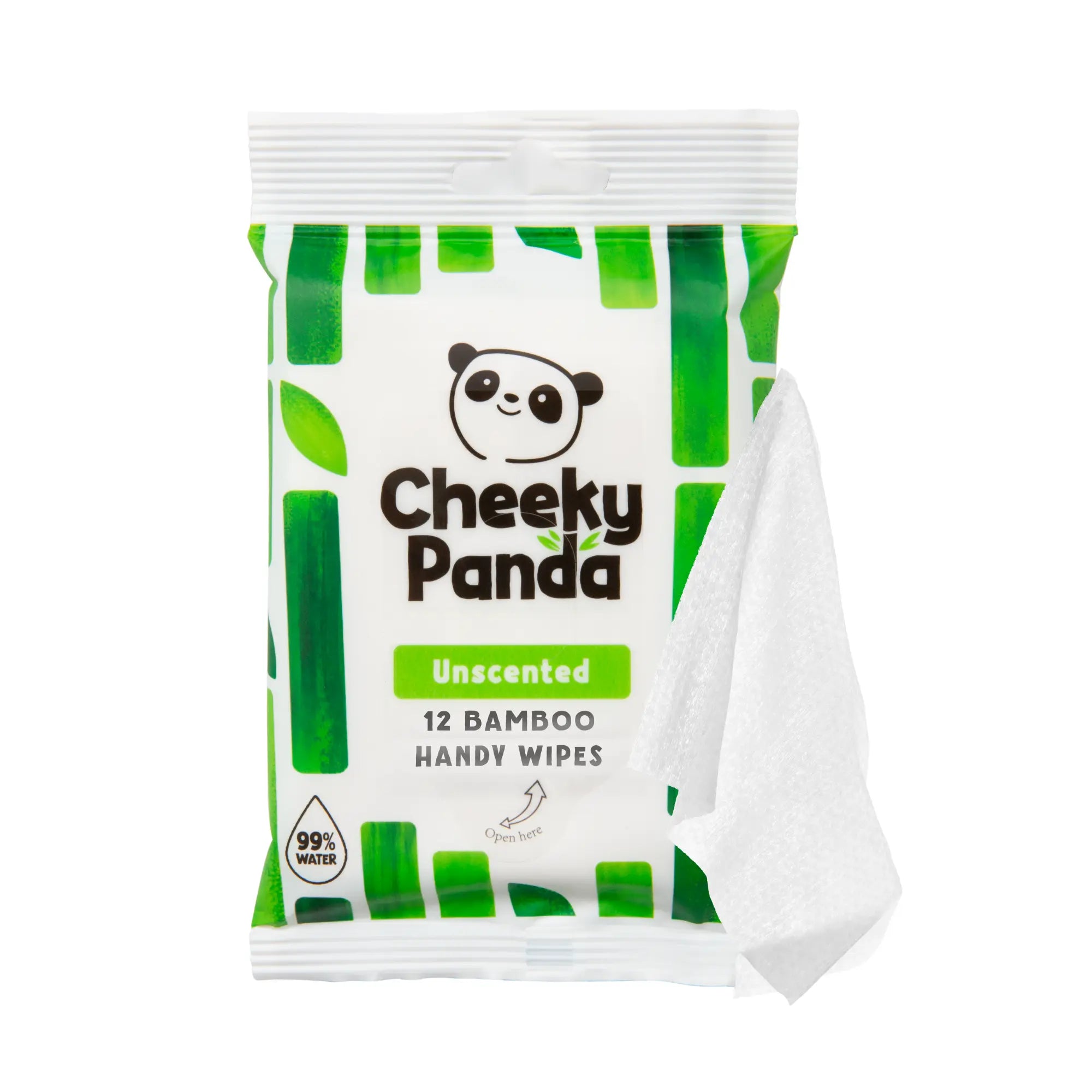 Cheeky Panda Unscented 12 Bamboo Handy Wipes pack with one wipe pulled out.