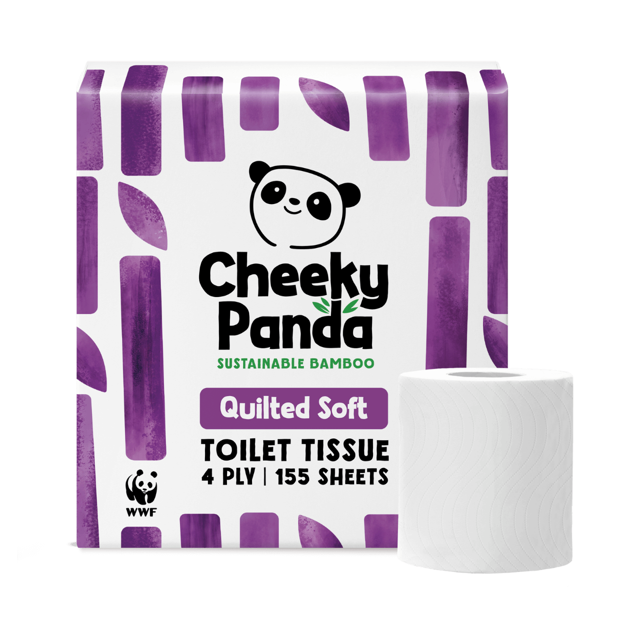 Cheeky Panda quilted toilet paper packaging with a white roll on a black background