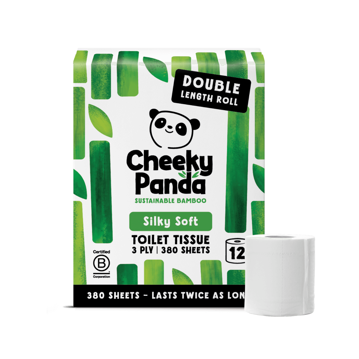 Cheeky Panda sustainable bamboo toilet paper packaging with a roll of tissue in front on a black background.