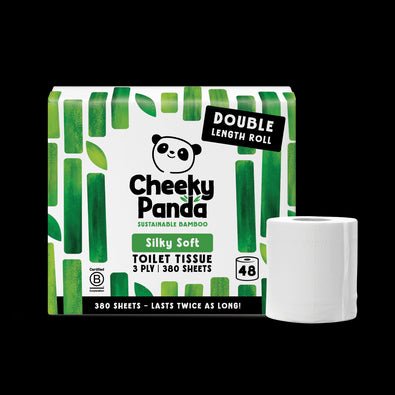 Cheeky Panda sustainable bamboo toilet paper packaging with a roll on a black background