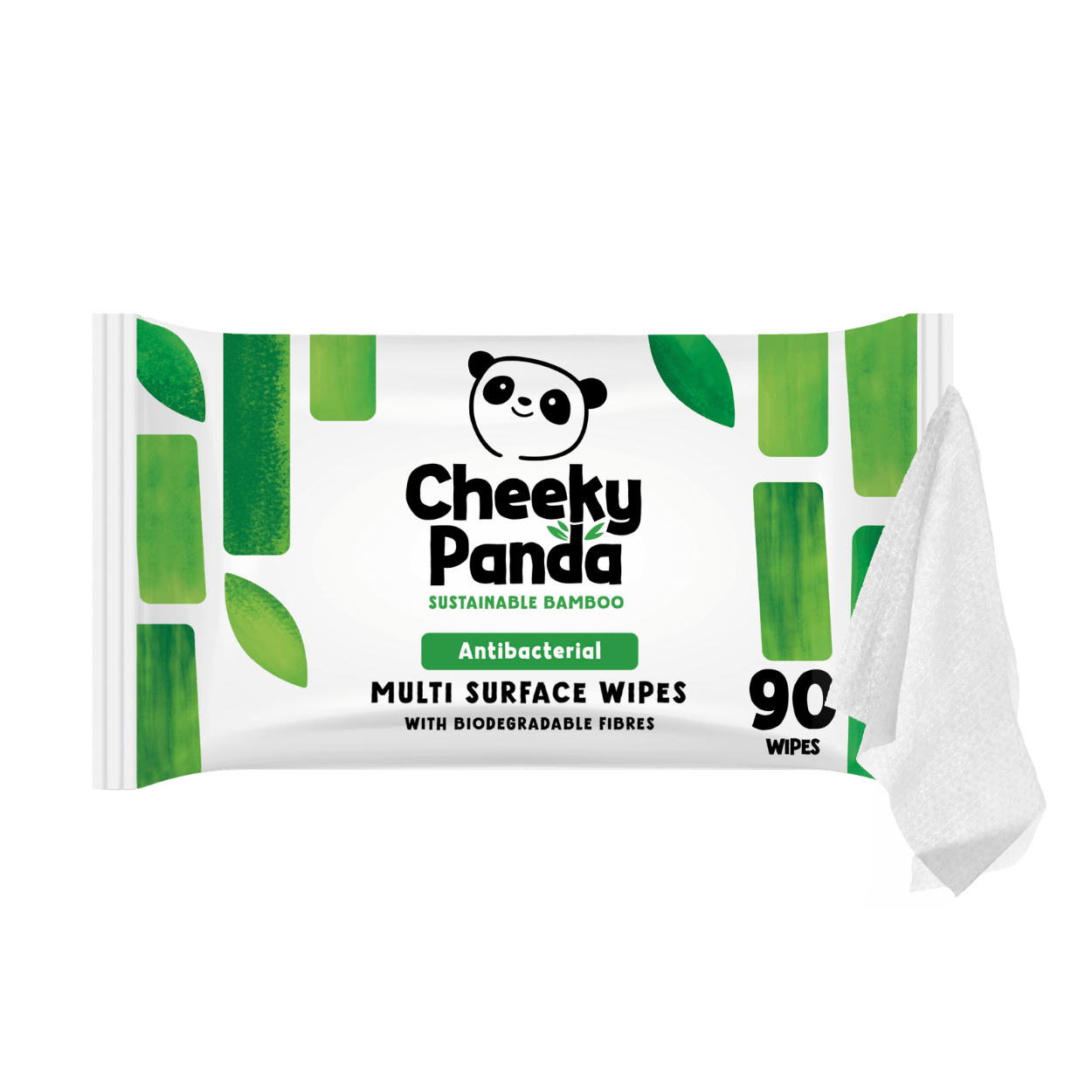 Cheeky Panda multi surface antibacterial wipes packaging with a white wipe on a black background