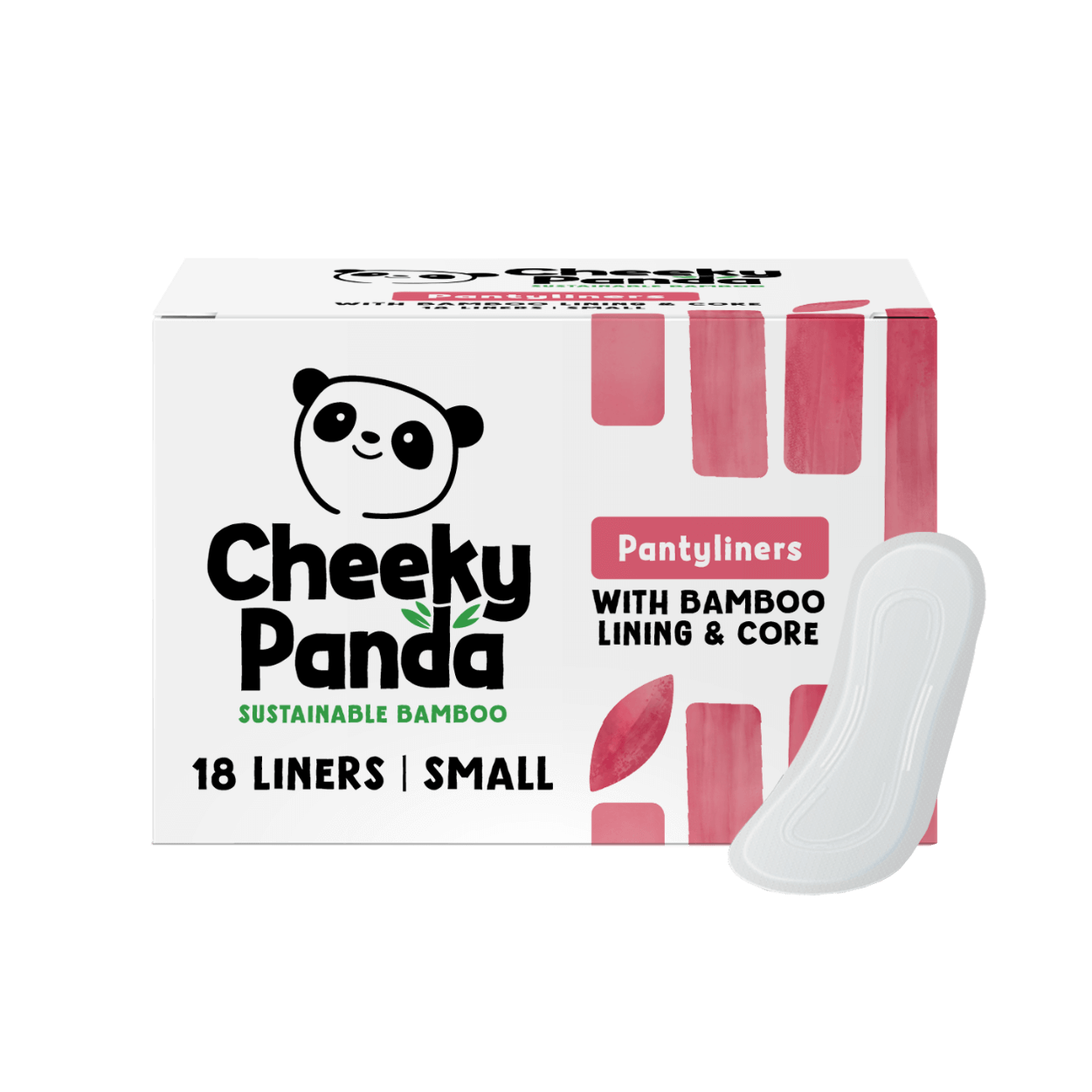 Box of Cheeky Panda sustainable bamboo pantyliners with a liner displayed in front on a black background.